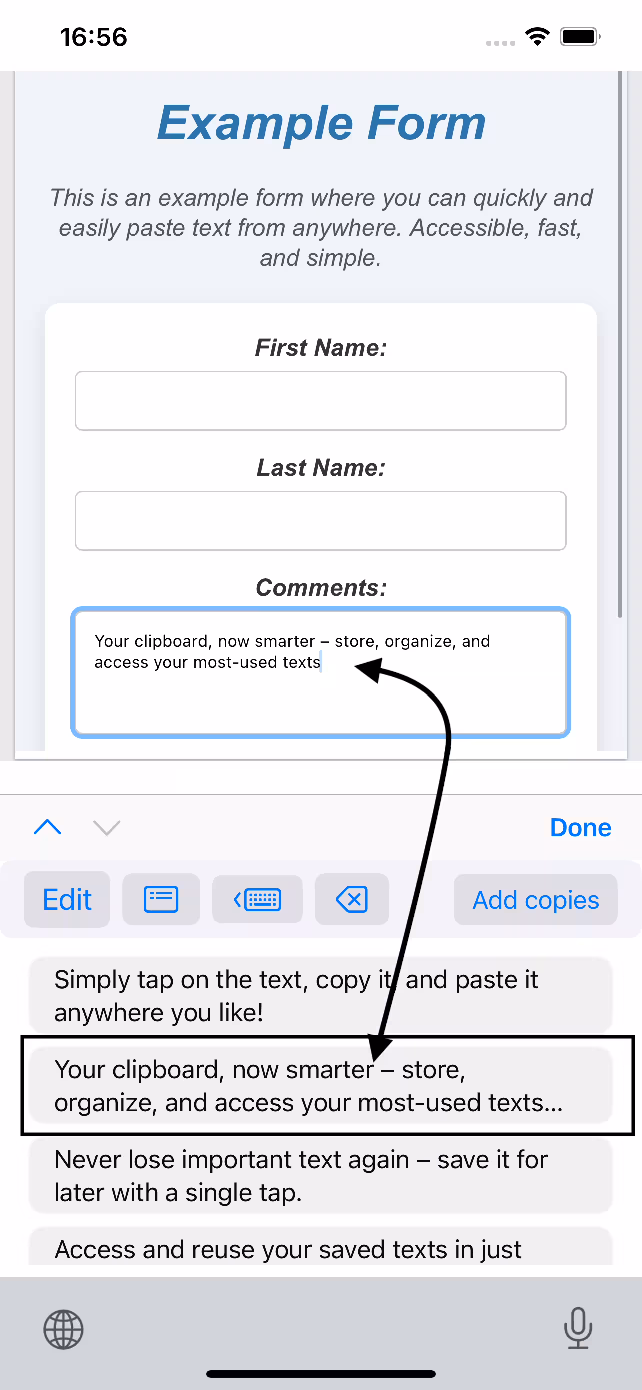 iCliper clipboard on iPhone - paste copied item and track clipboard history